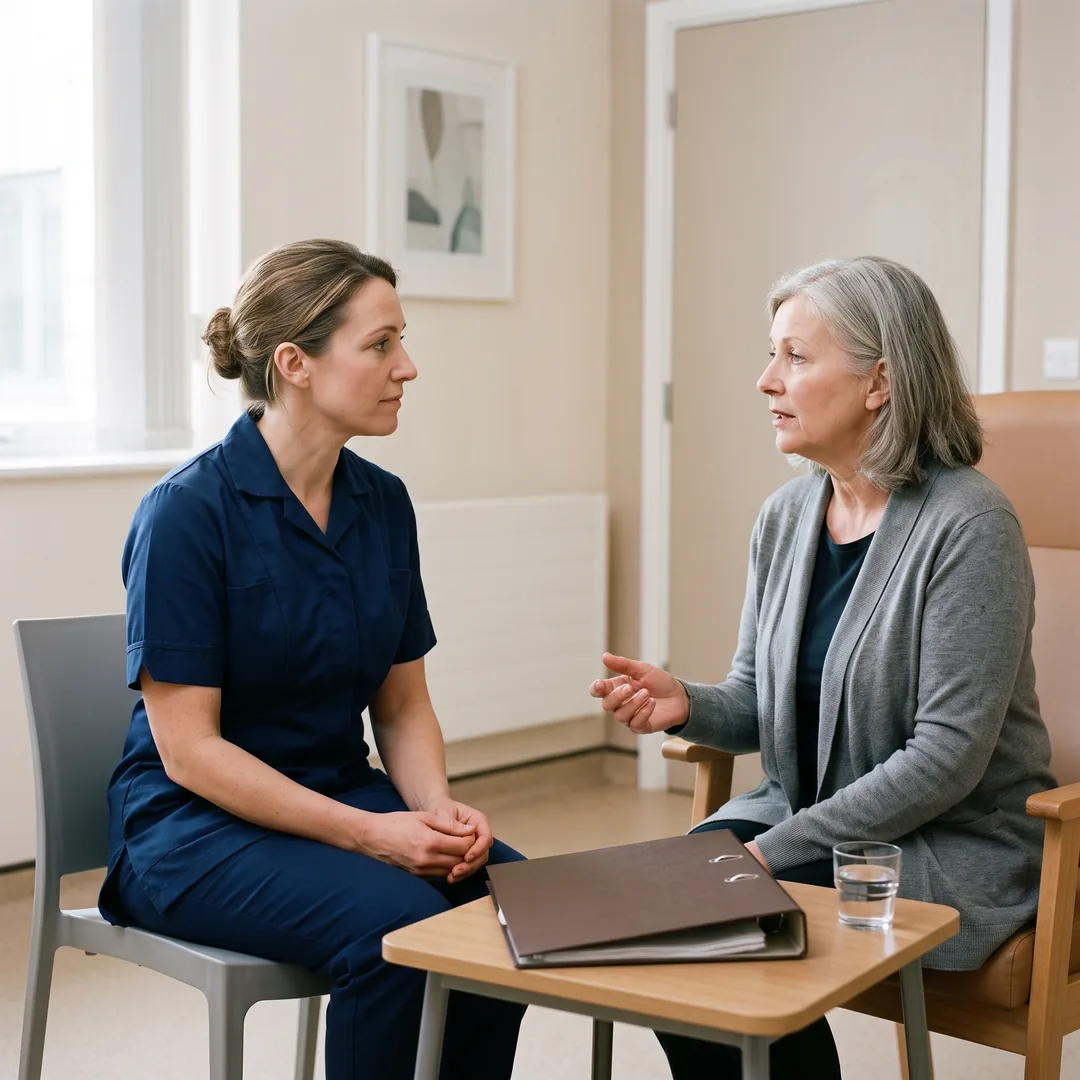 A clinician sits beside a family member in a quiet hospital side room, listening.