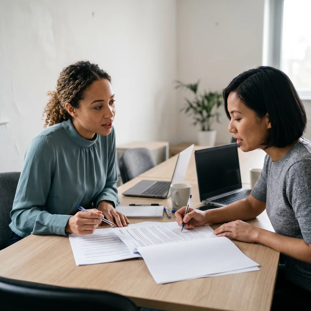 Two colleagues work through a printed plan together at a meeting table.