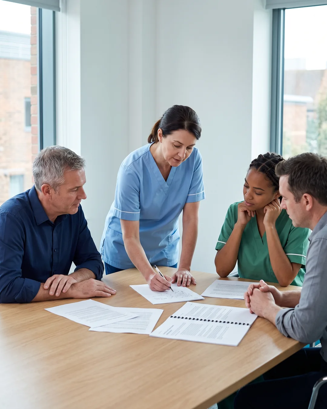 A hospital governance team reviews printed incident documents around a meeting table.