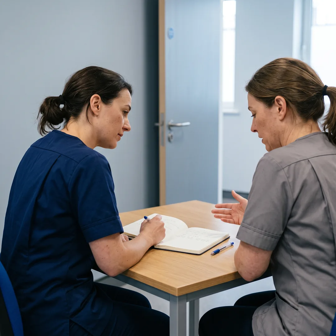 An investigator and a staff member talk across a table in a plain office.