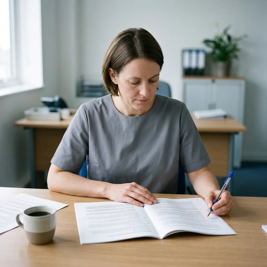 A patient safety specialist reads a printed incident report and annotates it at a desk.