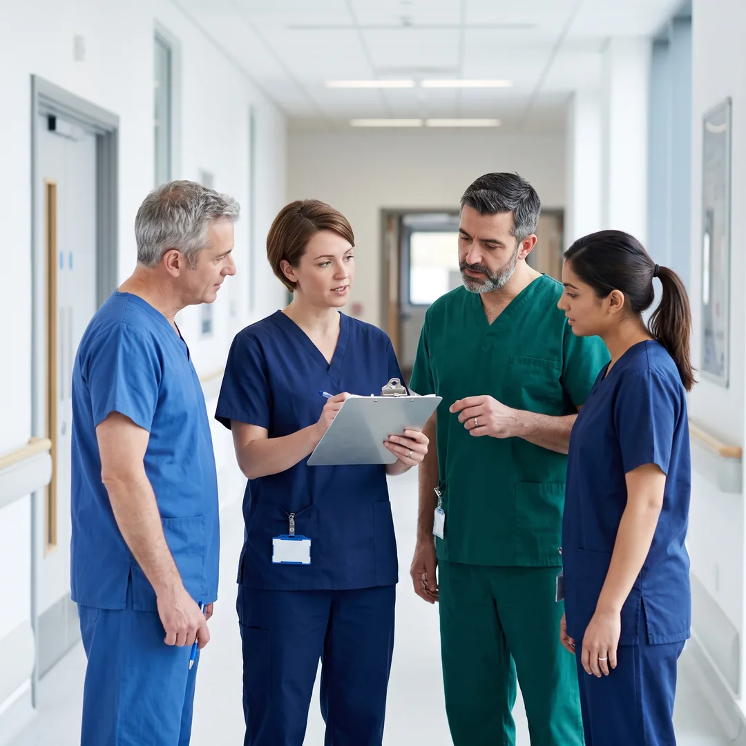 A clinical team holds a brief standing huddle in a hospital corridor.